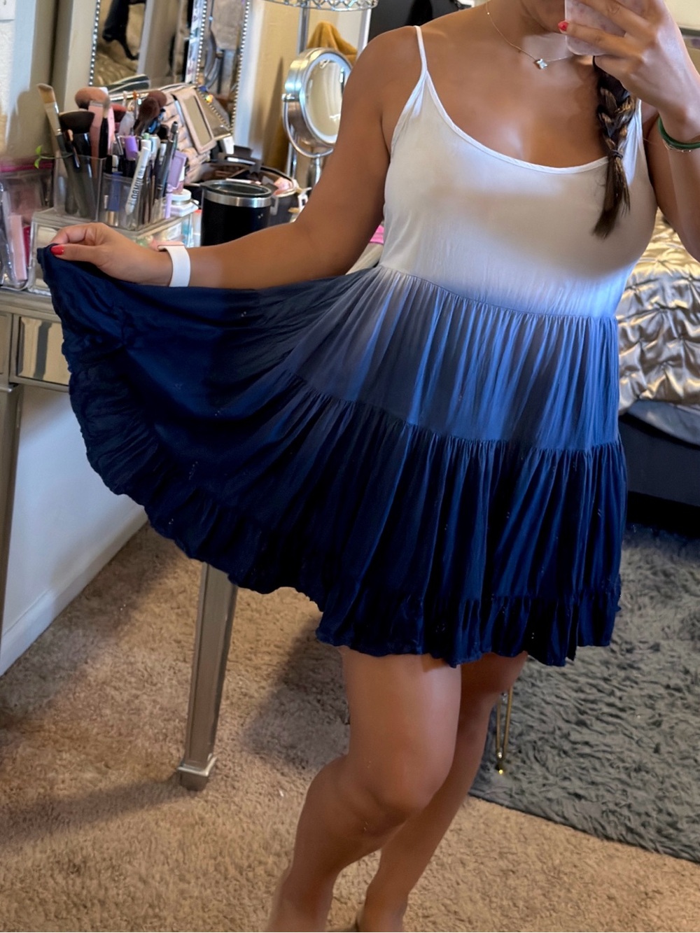 Brandy Melville White to Navy Ombre Tiered Mini Dress